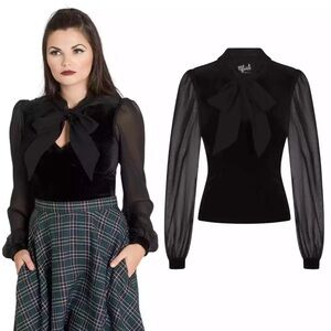 NWT Hell Bunny Gabriella Bow Top - Black Sheer Velvet
